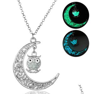 Pendant Necklaces Mticolor Luminous Owl Necklace Pendant Moon Glowing In The Dark Animal Charm Necklaces Fashion Jewlery For Women K Dhctw