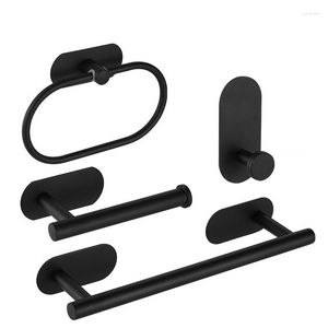 Bath Accessory Set No Drilling Black Bathroom Accessories Sets Toilet Tissue Roll Paper Holder Towel Rack Bar Rail Ring Robe Clothes Hook