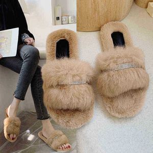 Women Shoes Autumn Winter New Korean Flanell Slippers Fashion Rubber Sof Antislip Flat Bottom Plush One Character Cool Drag J220716