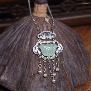 Chains Chinese Retro Style Silver Color Inlaid Long Tassel Butterfly Necklace Natural Hetian Jade Pendant Ladies Jewelry For Girlfriend