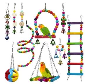 Other Bird Supplies 5 6 10Pcs Set Bird Cage Toys For Parrots Reliable Chewable Swing Hanging Wooden Beads Ball Bell Toys Pet Cage Accessories 221122