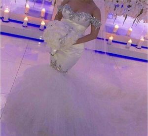 Bling Crystal Wedding Dresses Off the Shoulder Tule Sexy Mermaid Bridal Jurken Unieke snijgewaad de mariage rits terug