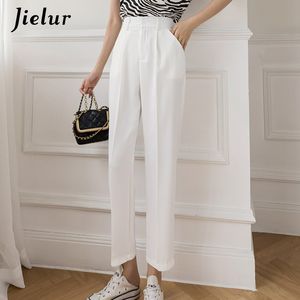 Women's Pants Capris Jielur High Waist Casual Blue Female Pocket Zipper Apricot Suit Women Autumn Straight Loose White Trousers S-XL 221122