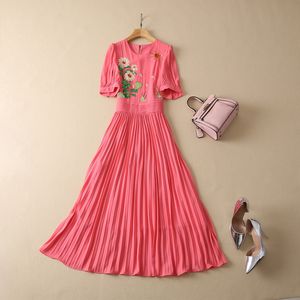 2023 Spring Pink Floral Equins Dress Dress Sleeve Round Dound Midi Dresses S2N221500