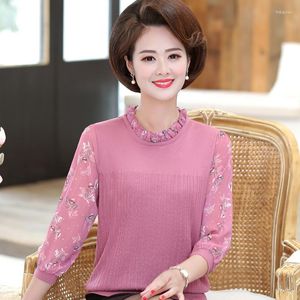 Kvinnors T-skjortor Spring Female Clothing Middle-Aged Women's Tops Tees spets ￤rm Fashion Knit High Quality T-shirt F669