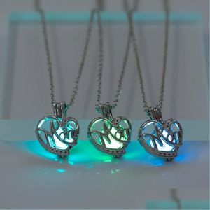 Pendant Necklaces Luminous Glow In The Dark Heart Mom Necklace Blue Green Fluorescence Locket Necklaces Cage Pendant For Women Girls Dhqy8