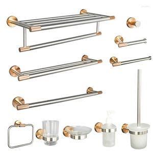 Bath Accessory Set Rose Gold Brushed Towel Rack Stainless Steel Paper Holder Toilet Brush Glass Cup Soap Dispensers Kitchen Bathroom
