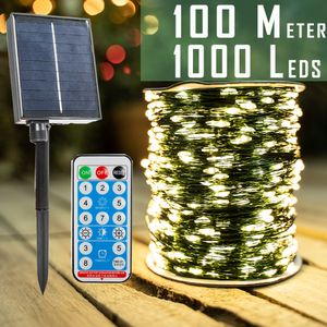 クリスマスデコレーション100m 1000の太陽光発電LEDストリングライトアウトドアフェアリー防水ホリデーガーランドウェディング10M 20M 30M 50M 221122