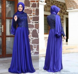 Royal Blue Prom Dresses With Long Sleeve Sexy Lace Floor Length Muslim Weddings Dresses Dubai Kaftan Arabic Party Evening Gowns Ch4613363