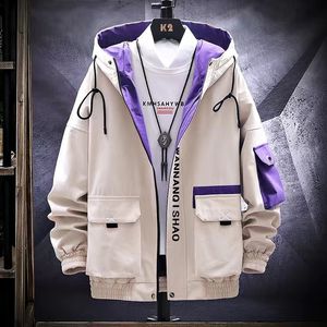 Men's Leather Faux Long Sleeved Cargo jacket men harajuku windbreaker jackets hooded hip hop streetwear zipper coats with big pockets 221122