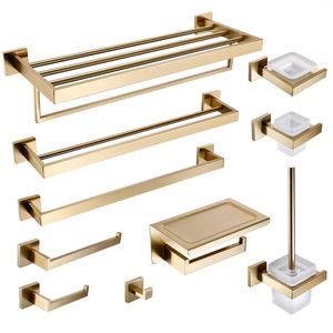 Set di accessori da bagno Accessori da bagno spazzolati dorati Hardware Portarotolo di carta igienica Barra porta asciugamani Appendiabiti Portasapone Spazzola