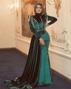 Hunter Green Velvet Muslim Prom Dresses Mermaid Luxury Tassels Celebrity Elegant Dinner Evening Reception Dressheaded Vestidos