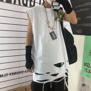 Topy z czołgami męskimi Summer Men Black White Grey Raped Zniszczony dziura punk punkowy Top Hip Hop Street Vest Men Vintage Sleveless koszula 221122