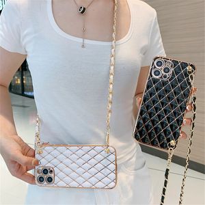 Crossbody Leather Lanyard electroplate Rhomboid Phone Case لـ iPhone 11 12 13 14 Pro Max XR X XS 7 8 Plus مع سلسلة