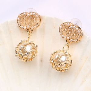 18K Gold Plated Luxury Brand Designers Double Letters Stud Clip Eardrop Round Ball Geometric Famous Women Crystal Rhinestone Earring Wedding Party Jewerlry Gifts