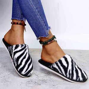 2021 Winter New Black White Zebra Pattern House Women Fur Slippers Antislip Bedroom Flat Girls Plush Shoes Ladies fluffy Slides J220716