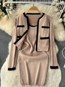 Abito a due pezzi SINGREINY Autunno OL Set lavorato a maglia Cardigan a maniche lunghe con tasca Midi Canotta in maglia Maglione da donna Pezzi Abiti 221122