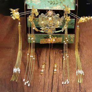 Brincos de decote Conjunto de jóias de casamento antigo chineses acessórios de cabelo de noiva dourado colorido metal para cabeceiras de cabelo clipes para mulheres