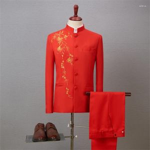 Men s Suits Embroidered Blazers Mens Chinese Tunic Suit Stand Collar Costume Hommes Stage Chorus Performance Singer Host Dress Red White