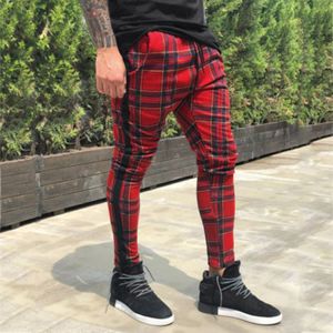 Herrspårbyxor Män Men's Long Casual Sport Pants Slim Fit Plaid Byxor som kör joggar Sweatpants Purple Cross 221122