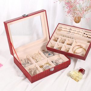 Schmuckbeutel Doppelschichtige PU-Box mit transparentem Glas Luxusringe Ohrringe Display Aufbewahrungskoffer Damen Juwelenhalter Organizer