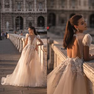 Elegante Berta A-Linie Brautkleider mit tiefem V-Ausschnitt und Puffärmeln Brautkleider Sweep Zug Romantisches Kleid Spitze Robe De Mariee