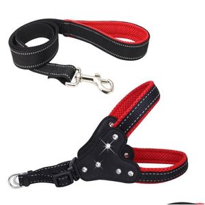 Dog Collars Leashes反射性ナイロンラインストーン犬ハーネスステップソフトメッシュパッド入り小さな子犬ハーネスリーシュセットセットセットWA DHCNY