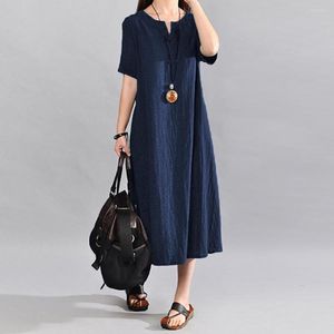 Kamizelki damskie sukienki w stylu vintage w rozmiarze Kobiety swobodny stały kolor bawełniany lniany długi sukienkę w szyku w dniu krótkie rękawie vestidos longos de verao