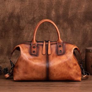 designer bag Retro Style Bags Cowhide Women Tote Hand made Brush Real Natural Leather Boston Bag Large Capacity Ladies Handbags Brown 2022 New