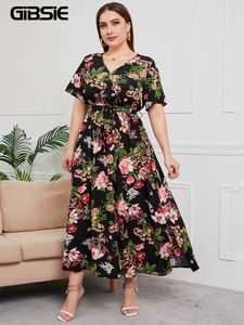 Plus Size Kleider GIBSIE Plus Size V-Ausschnitt Blumendruck Boho Kleid Damen Sommer Kurzarm Maxikleider Urlaub Aline Damen Kleid mit Gürtel 221121