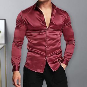 Męska koszula Polos Men Satin Solid Color Turndown kołnierz długie rękawy Single Breasted Strate Formal Buttons Cardigan Shirt Męskie ubrania 221122