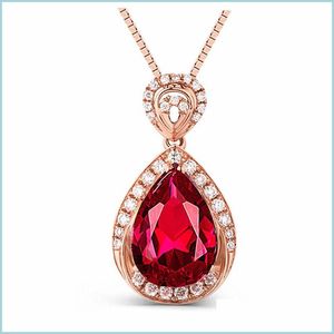 Pendant Necklaces Red Gemstone Water Drop Necklace Rose Gold Chains Diamond Pendant Necklaces Women Wedding Jewelry Gift Delivery Pen Dhvw4