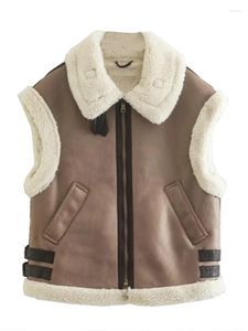 Women's Vests Women Fur Vest Faux Sheepskin Waistcoat Leather Fleece Lapel Jacket Sleeveless Casual Splice Warm Winter Coat 2022
