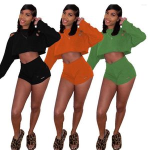 Women's Tracksuits Fall 2022 Womens Fashion Urban All Match Sexy Pure Color Long Sleeves Burned Flowers Casual Shorts Sets Wholesale Drop