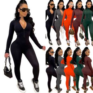 Fall And Winter Womens Fashion Sports Jumpsuits Leisure Bodysuits Tight Long Sleeve Conjoined Pants Zipper Rompers Bodycon Capris