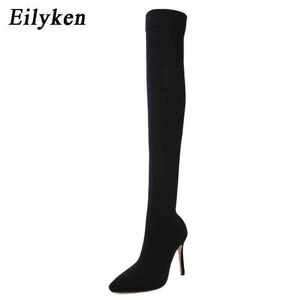 Stövlar Fashion Woman Stretch Fabric Sock Boots Over The Knee Heel Lår High Point Toe Female Boots Storlek 35 42 220913