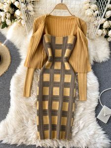 Two Piece Dres Knit Two Piece Set Plaid Print Spaghetti Strap Bodycon Mini Dress and Long Sleeve Cardigan Suit S Clothing Set 221122