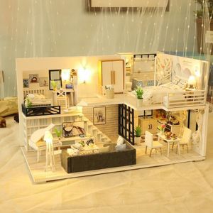 Doll House Accessories DIY Assemble Wooden Dollhouse Kit Miniature Furniture Toys LED with S Gift Ligh X2L5 221122