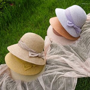 Breda brimhattar Dolphin Handgjorda kvinnor Summer Sun Hat Beach Straw Jelly Color Ribbon Bow Cap Temperament Flat Collapsible Outdoor