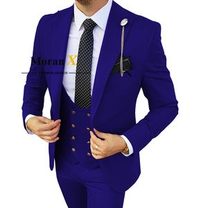 Men's Suits Blazers MoranX Regular Fit 3 Pieces Lapel Double Breasted Business Blazer Vest Pants Set Wedding Grooms Royal Blue 221121