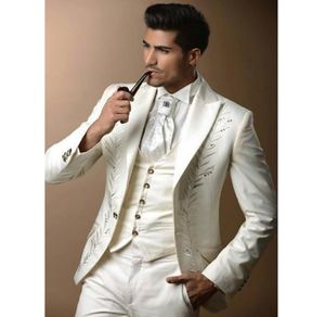 Embroidery Groom Tuxedos White Groomsmen Mens Wedding Dress Peak Lapel Man Jacket Blazer Fashion Piece SuitJacketPantsVestTi5487668