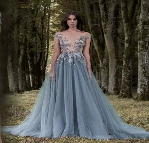 2023 Paolo Sebastian Grey Evening Dresses Sheer Plunging Neckline Lace 3D Applique Beaded Party Prom Gowns Tulle Evening Wear For 7424297