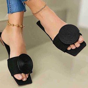 Fashion New Round Buckle Solid Flat Sandals Women Casual Slippers Square Nose Comfortable Beach Shoes Plus Size Chinelo Nuvem J220716