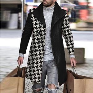 مزيج من الصوف للرجال الرجعية Houndstooth طباعة الربط معطف الصوف الرجال عرض طوق بطول الأزرار الخريف جيب الشتاء الطويل الرياح الرياح 221121