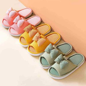 Linen Slippers Female Home Indoor Pair Cotton And Linen Four Seasons Breathable And Autumn Bow Slippers J220716