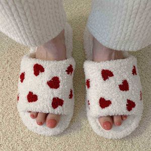 Winter New Fuzzy House Slippers For Women Girls Fur Slides Warm Women Indoor Slippers Cute Heart Print Soft Bedroom Home Shoes J220716