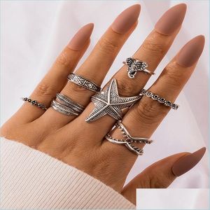 Pierścienie opaski Retro Leaf Elephant Pierścienie rozgwiazdy rozgwiazdy starożytne Sier Knuckle For Women Stackable Stafle Midi Pinting Pierścień 7pcs/Set Drop Deli Dhsgt