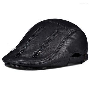 Berets 2022 Design Herren Echtes Leder Baskenmütze Cabbie Cap Hut Marke Junge Männliche Schwarz Braune Farbkappen 45 % Rabatt