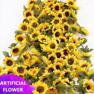 Decorative Flowers Artificial Sunflower Garland Silk Vine Wreath With Green Leaves For Wedding Party Table Decoration