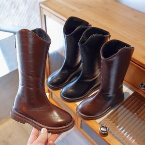 Boots Girl's Long Mid-Calf Brown Black Pu Leather Children Herfst Boot Conte Style 26-36 Fashion Anti-Slip Comfy Kids Shoes